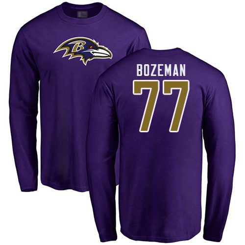 Men Baltimore Ravens Purple Bradley Bozeman Name and Number Logo NFL Football #77 Long Sleeve T Shirt
